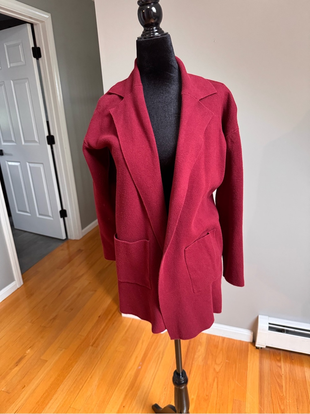 LOFT Open-Front Longline Blazer Jacket in Burgundy